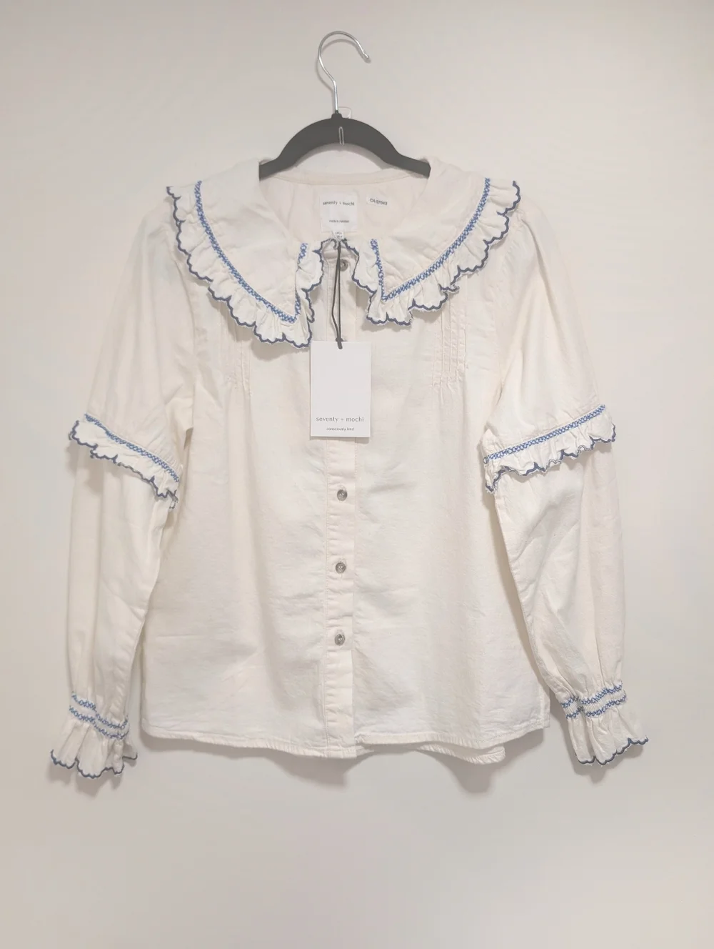 seventy + mochi | Phoebe Blouse In Ecru/Electric Blue - Picture 2 of 15